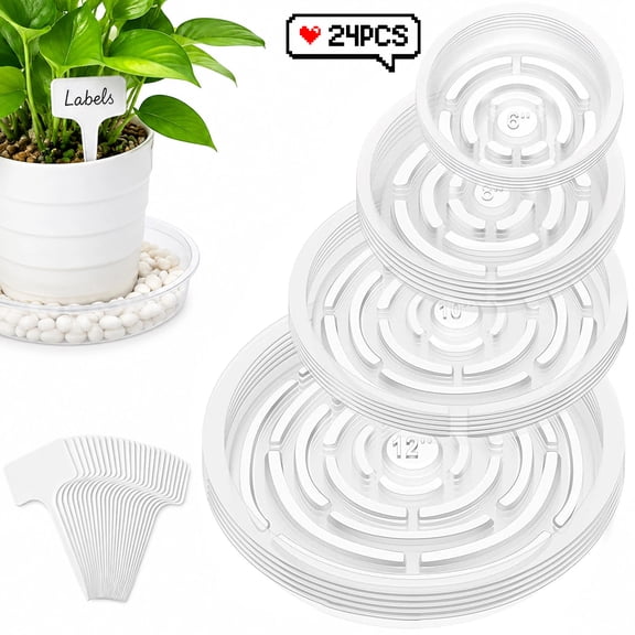 Teblint 24-Pack Clear Plant Saucer, 6/8/10/12 inch Flower Pot Saucers Plastic Plant Drip Trays with 24 Pcs Plant Labels, for Indoor & Outdoor Garden