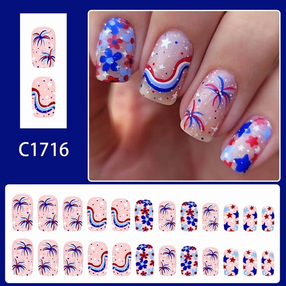 Uxgjfwu 24Pcs 4th Of July Press On Nails, Patriotic American Flag Fake Nails, Classic Red White Blue Designs, Short Length Glue On Nails, Independence Day Nail Decor for Holiday Wear