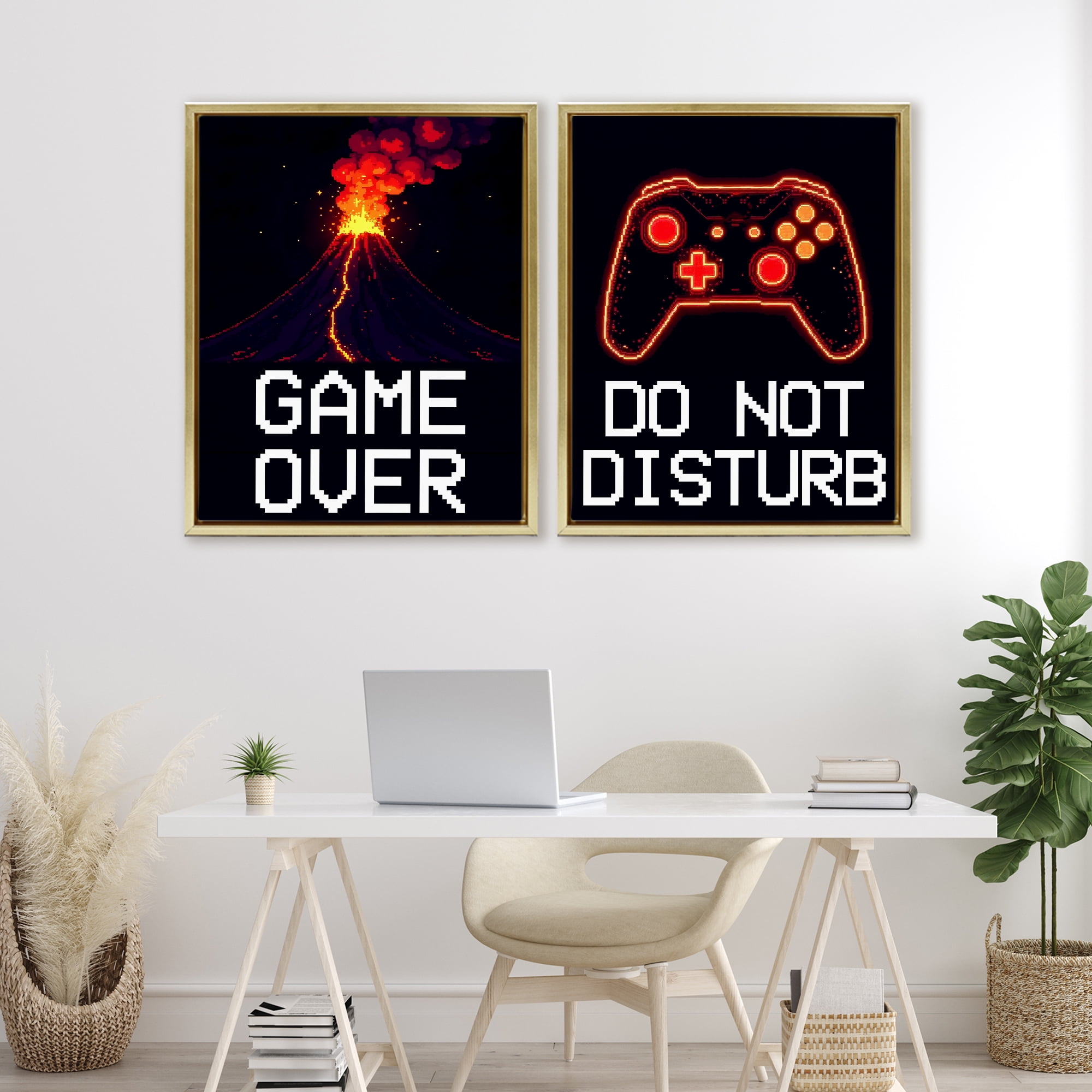 Pixel Game Sentiments 2 Piece Gold Framed Floater Canvas Set, design by Kim Allen