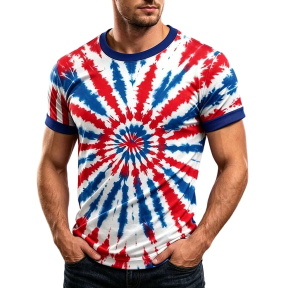 Men’s Patriotic Tie Dye Ringer T-Shirt, Red White and Blue Short Sleeve Casual Tee