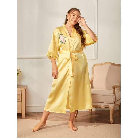 

Yellow Elegant Women s Plus Floral Print Contrast Lace Belted Robe 2XL(16) Y22001D
