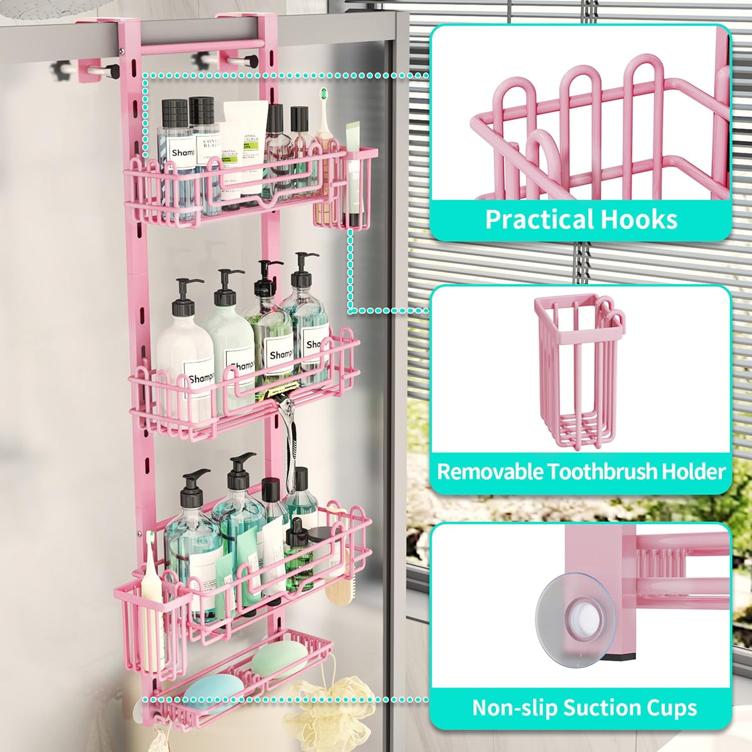Hanging Shower Caddy Organizer - Shower Shelf with 22 Hooks and 2 Toothbrush Holders, No Drilling Adjustable Hanging Bathroom Organizer - Pink