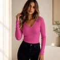thumbnail image 3 of Women's V Neck Sweater Long Sleeve Ribbed Top Slim Fit Stretchy Knit Basic Pullover Casual Fitted Layering Shirts, 3 of 4