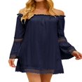 thumbnail image 1 of HUBERY Women Crochet Cutout Off Shoulder Long Sleeve Solid Color Mini Dress, 1 of 7