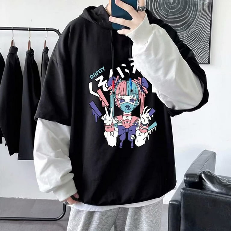 CoCopeaunt Men Y2K Harajuku Hoodie Japanese Anime Manga Print Fake Two Piece  Aesthetic Hooded Sweatshirt Cartoon Street Pullover 