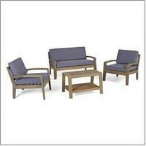 Noble House Cascada Outdoor 4 Piece Acacia Wood Chat Set with Cushions and Angled Coffee Table, Grey, Dark Grey