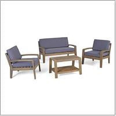 Noble House Cascada Outdoor 4 Piece Acacia Wood Chat Set with Cushions and Angled Coffee Table, Grey, Dark Grey