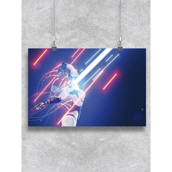 Cyborg With Wires Neon Lights Poster - Image by Shutterstock,
