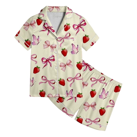 CAIVO Child Girls Outfit Set Bow Print Short Sleeve Lapel Blouse Tops Pants Comfortable Clothes Sets Toddler Kids Soft Breathable Outfit 8-9 Years