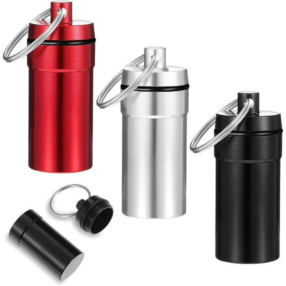 3 Pack Pill Fob Container, Waterproof Aluminum Pill Holder Keychain, Portable Mini Travel Pill Box, Nitroglycerin Pill Case for Pill Organizer Dispenser(Silver, Black, Red)