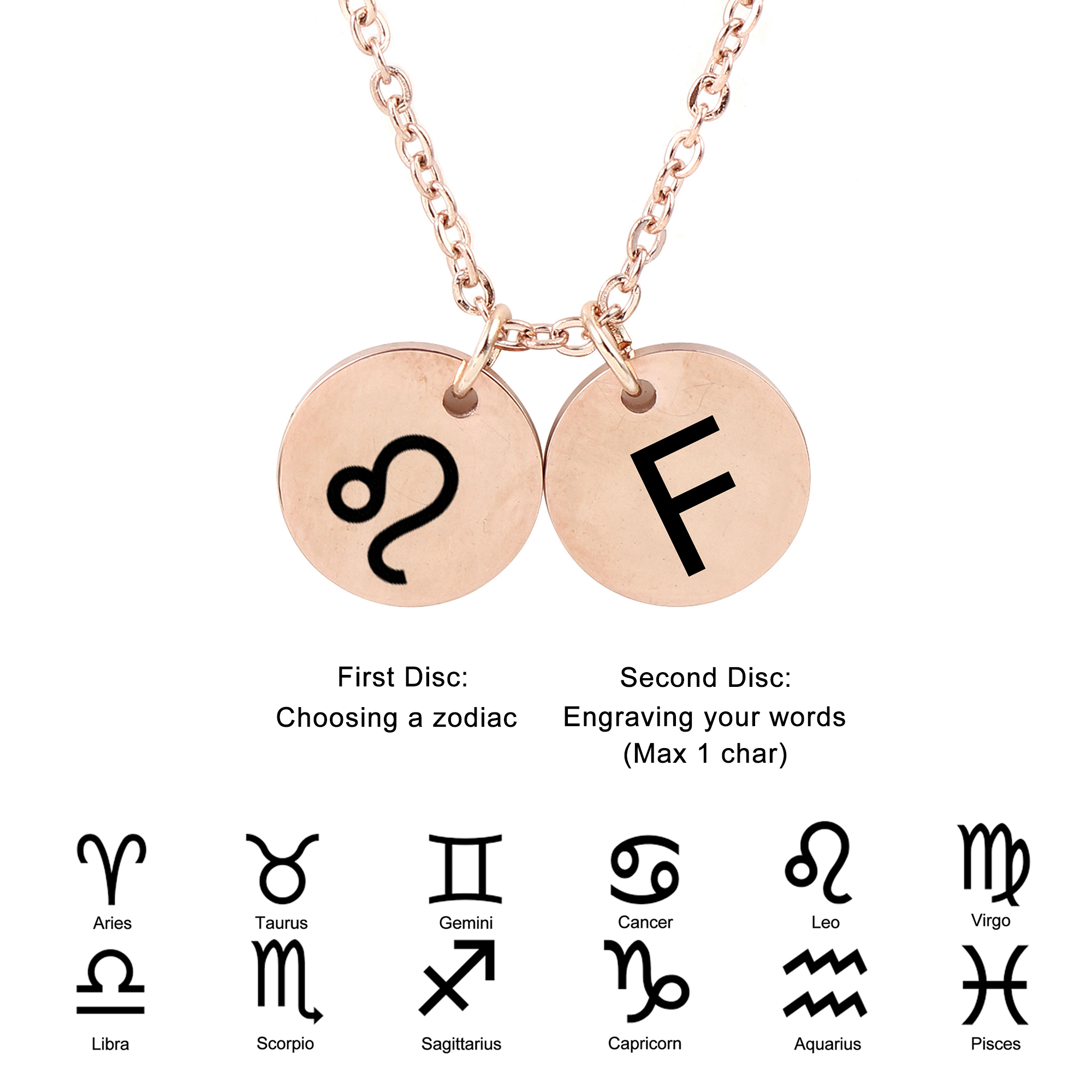 Personalized Round Constellation Initial Necklace - Engraved Zodiac Symbol Jewelry - Christmas Gift for Her - Stainless Steel - 18" Chain - Rose Gold Leo