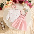 thumbnail image 4 of ZHOGXU Baby Girls Heart Printed Outfit Long Sleeve Top Suspender Bowknot Skirts Matching Bow Headband 3PCS Set For Kids,Pink,3-6 Months, 4 of 5