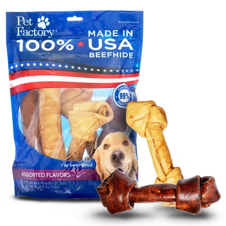UPC: 0094983782565 | Pet Factory Made in USA Beefhide Large Assorted (3 Bones  3 Rolls)  Assorted Flavors (Beef & Chicken) 8-9   6 Count
