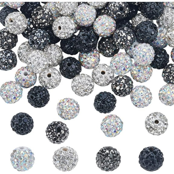 4 Colors Black Rhinestones Beads 100pcs White Beads 10mm Pave Disco Ball Beads Polymer Clay Craft Beads Round Diamond Bead for Necklace Bracelet Earring Jewelry Making Party Decor