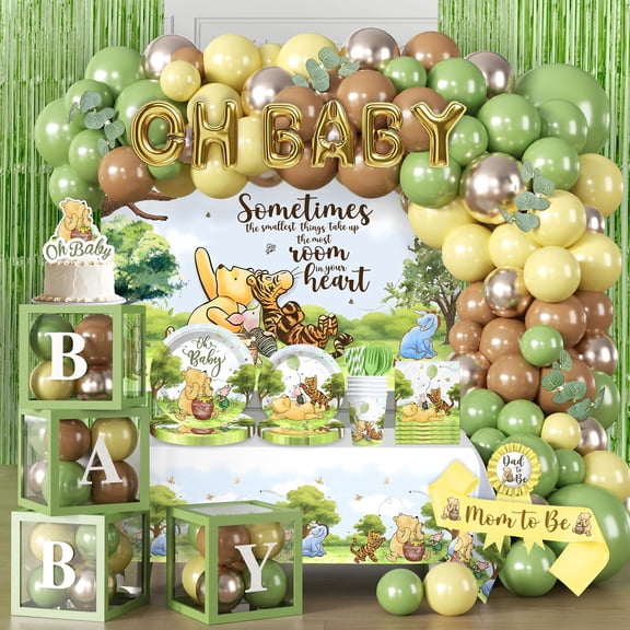 280pcs Green Classic Bear Baby Shower Decorations Complete Party Set, for 25 Guests, Includes Balloon Arch, Backdrop, Tableware Set