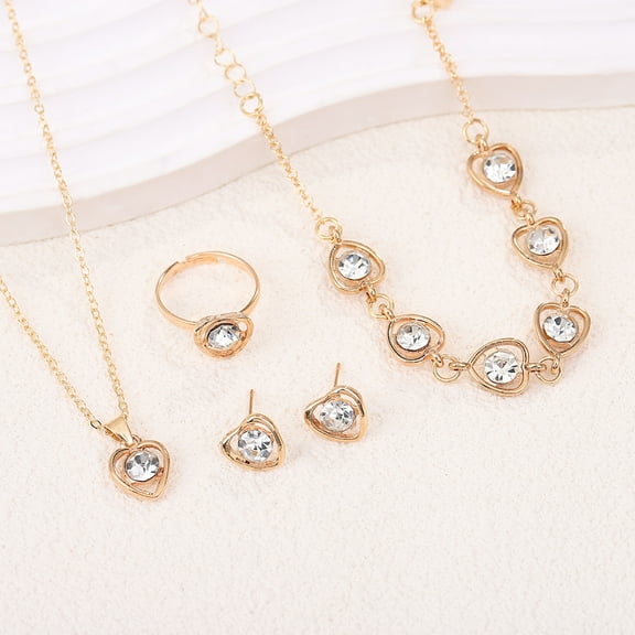 Hot Sale Crystal Heart Jewelry Set - Fashionable Four-Piece Set with Heart Necklace, Earrings, Ring, and Bracelet