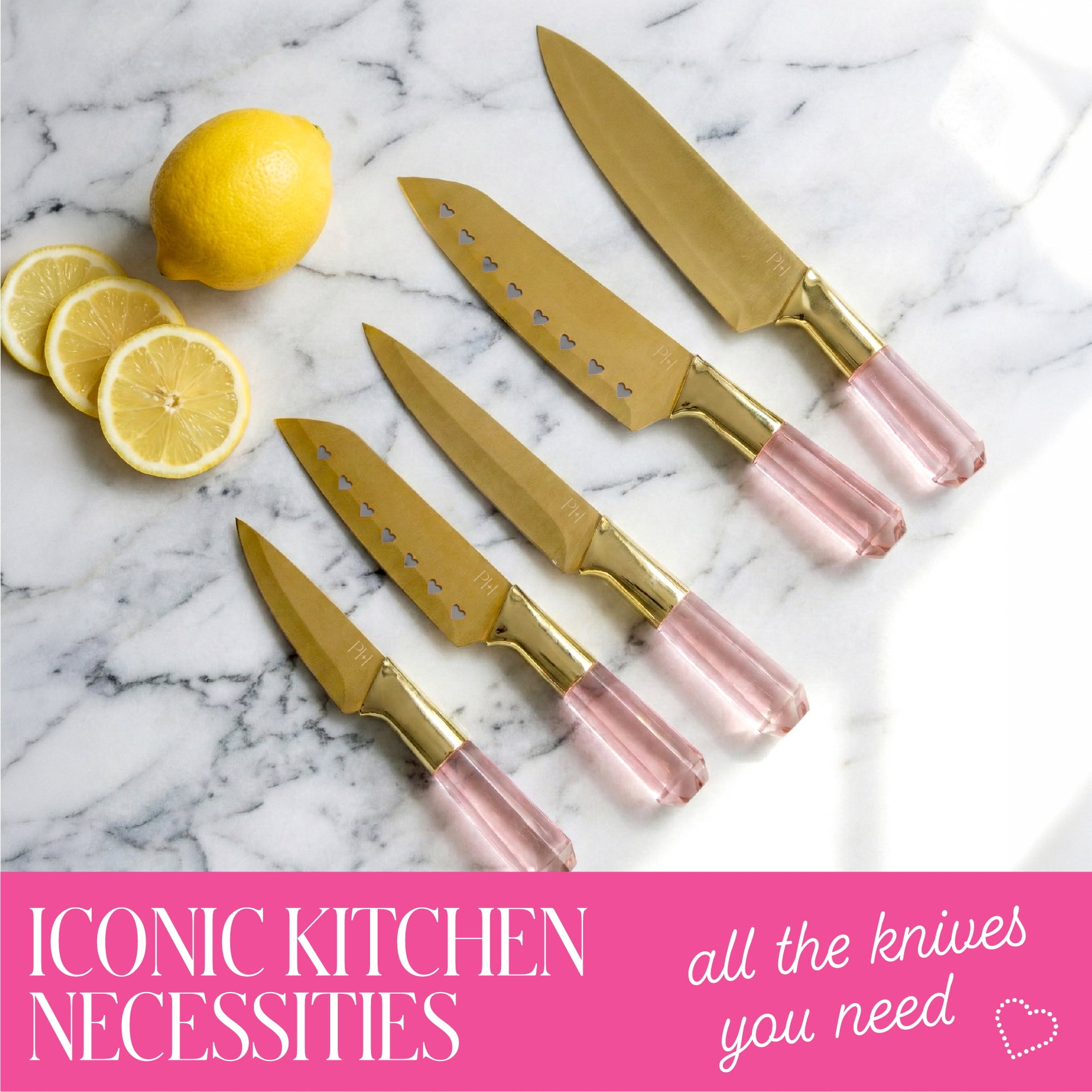 Paris Hilton 10-Piece Cutlery Set with 5- Knives and 5- Blade Guards, Gold Titanium-Coated Stainless Steel Blades, Pink Jewel-Shaped Handles