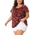 thumbnail image 4 of Agnes Orinda Women's Plus Size Floral Print Tops Hollow Out Tie Neck Short Sleeve Casual Summer Blouses 3X Burgundy, 4 of 6