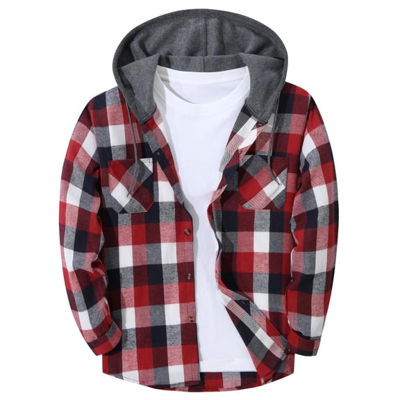 MXALUOB Hooded Shirt Jackets for Men Flannel Plaid Drawstring Overshirt with Chest Pockets Drawstring Button Front Fashion Winter Jacket