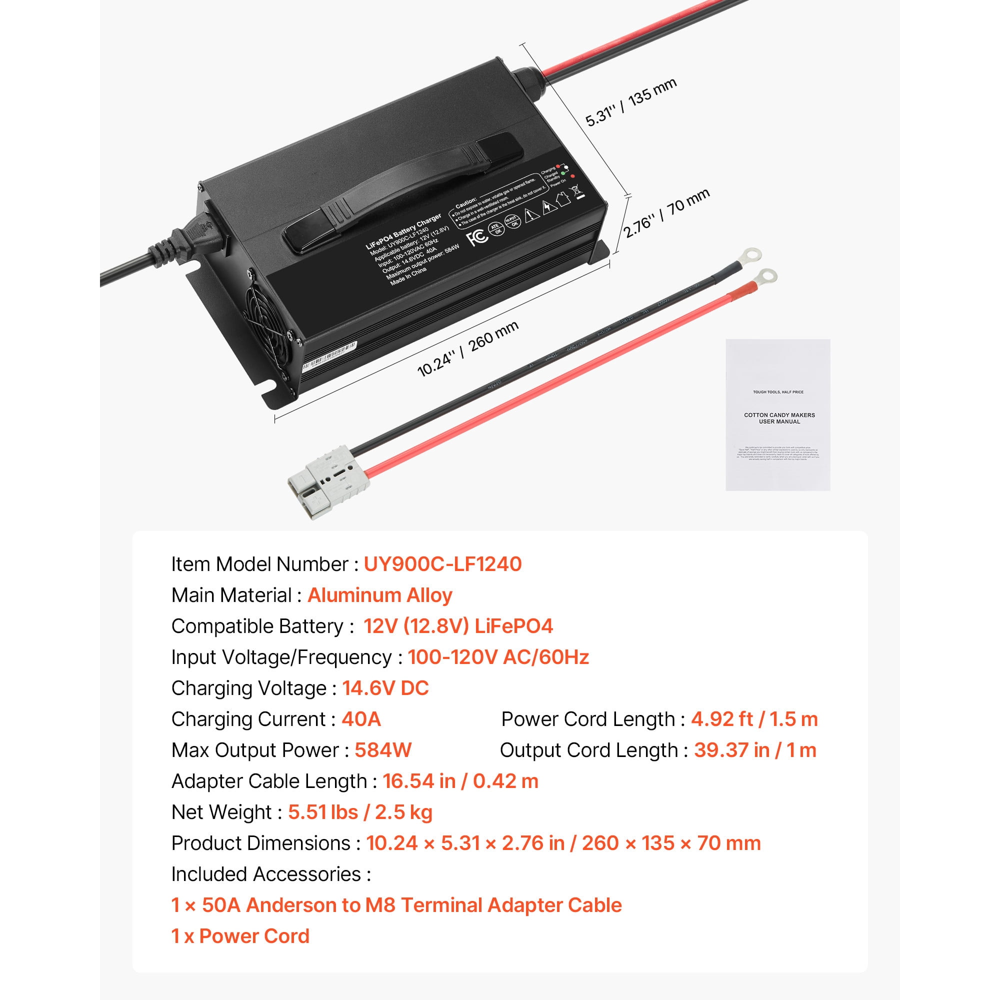 KFFKFF 12V 40A Lithium Battery Charger, 14.6V AC-DC LiFePO4 Smart Charger with Anderson Connector, LED Indicator, 0V Activation, Compatible with Lithium LiFePO4 Deep Cycle Batteries for Boats and RVs