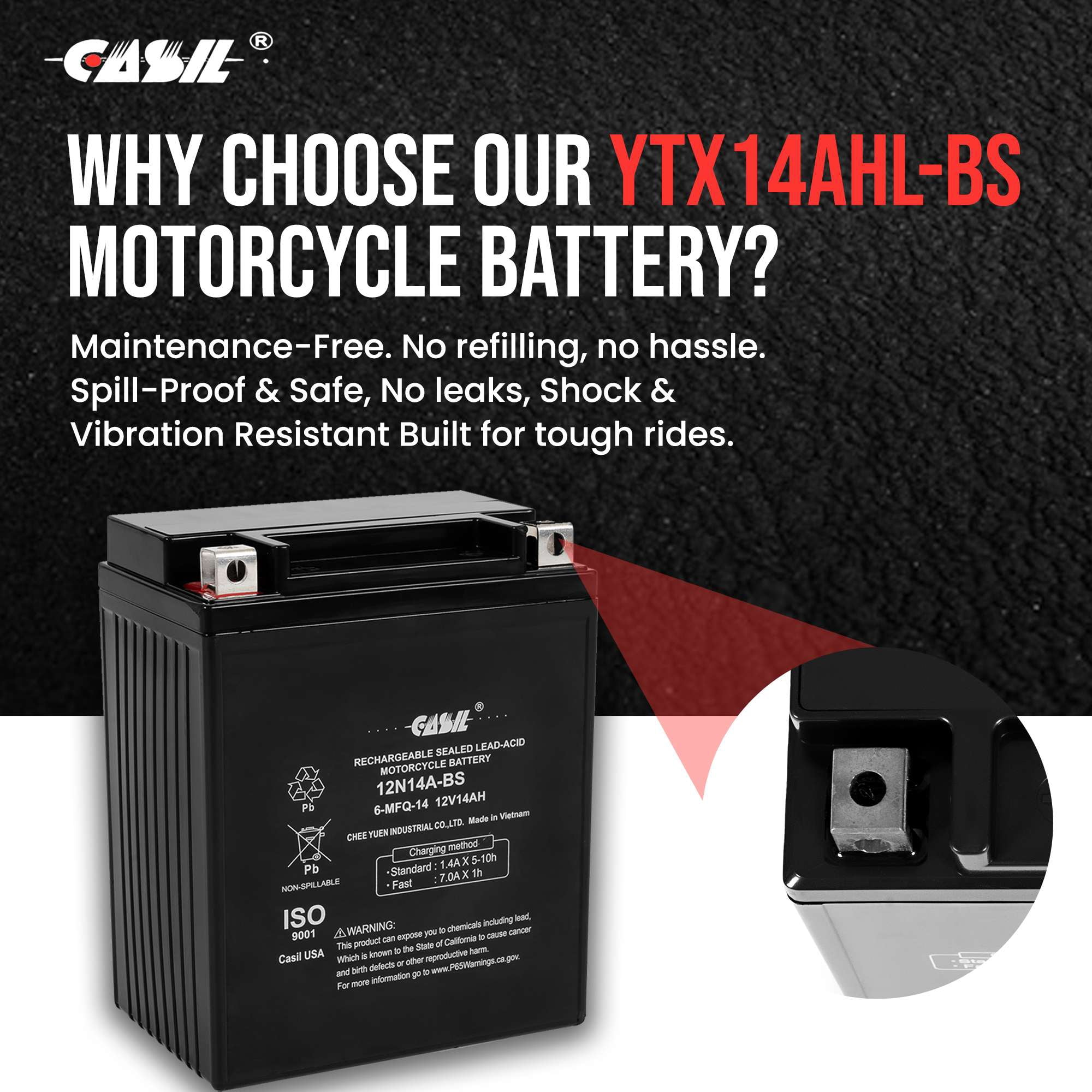 Casil YTX14AHL-BS Maintenance Free Replacement Battery for ATV, Motorcycle, Personal Watercraft, Scooter, and Snowmobile - 12 VOLT 14 Amp