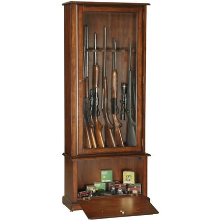 HomeStock Vintage Vogue Floor Mount Gun Cabinet with Locking Tempered Glass Door and Ammo Storage Locking Drop Down Door Safe Gun Cabinet-Color:Medium Brown Size:8 Gun