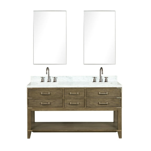 Grey Oak Double Bath Vanity 60" X 22" With Intriguing Marble Top And Faucet W D Alluring Bathroom