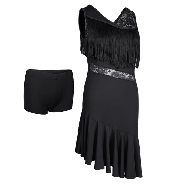 Vestido De Baile Con Borlas Latinas Traje De Actuación De Escenario Con Flecos Ropa De Baile M Negro Sunnimix Vestido de baile latino con borlas
