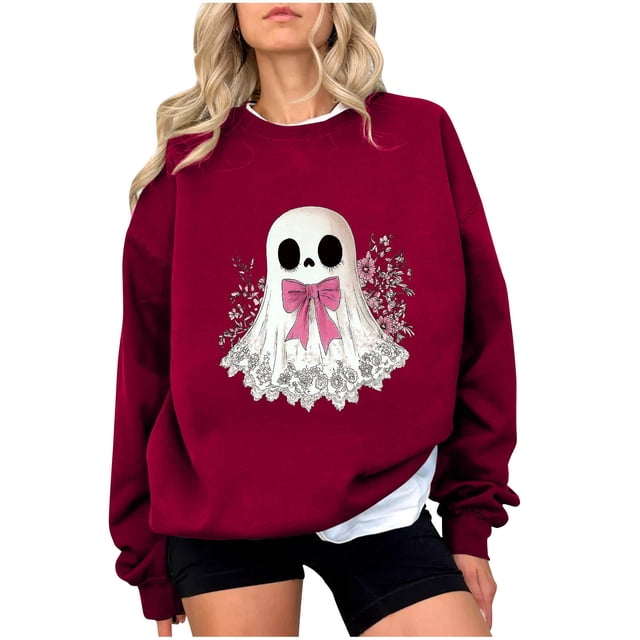 Chandail en Molleton Imprimé Fantôme pour Femmes Chandail Léger et Chaud Blouses Col Rond Manches Longues Ultra Doux Texturé Tenues de Printemps 2025 Chandail Automne Hiver Vêtements