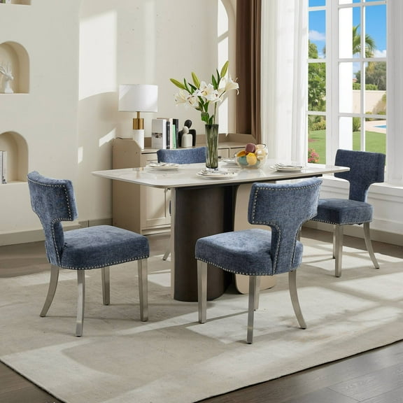 Set of 4 Mid Century Modern Dining Chairs, Farmhouse Chenille Fabric Upholstered Accent Chair Curved Backrest with Copper Nails around, Kitchen Chairs with Silver Brushed Stainless Steel Legs (Blue)