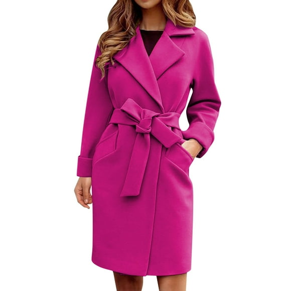Women Peacoat Trench Coat Long Coat for Women Wool Casual Mid Long Overcoat Coats Women Wool Lapel Open Front Cardigan Double Breasted Wool Blend Coat Outwear Woolen Fleece Winter Coat with Belt