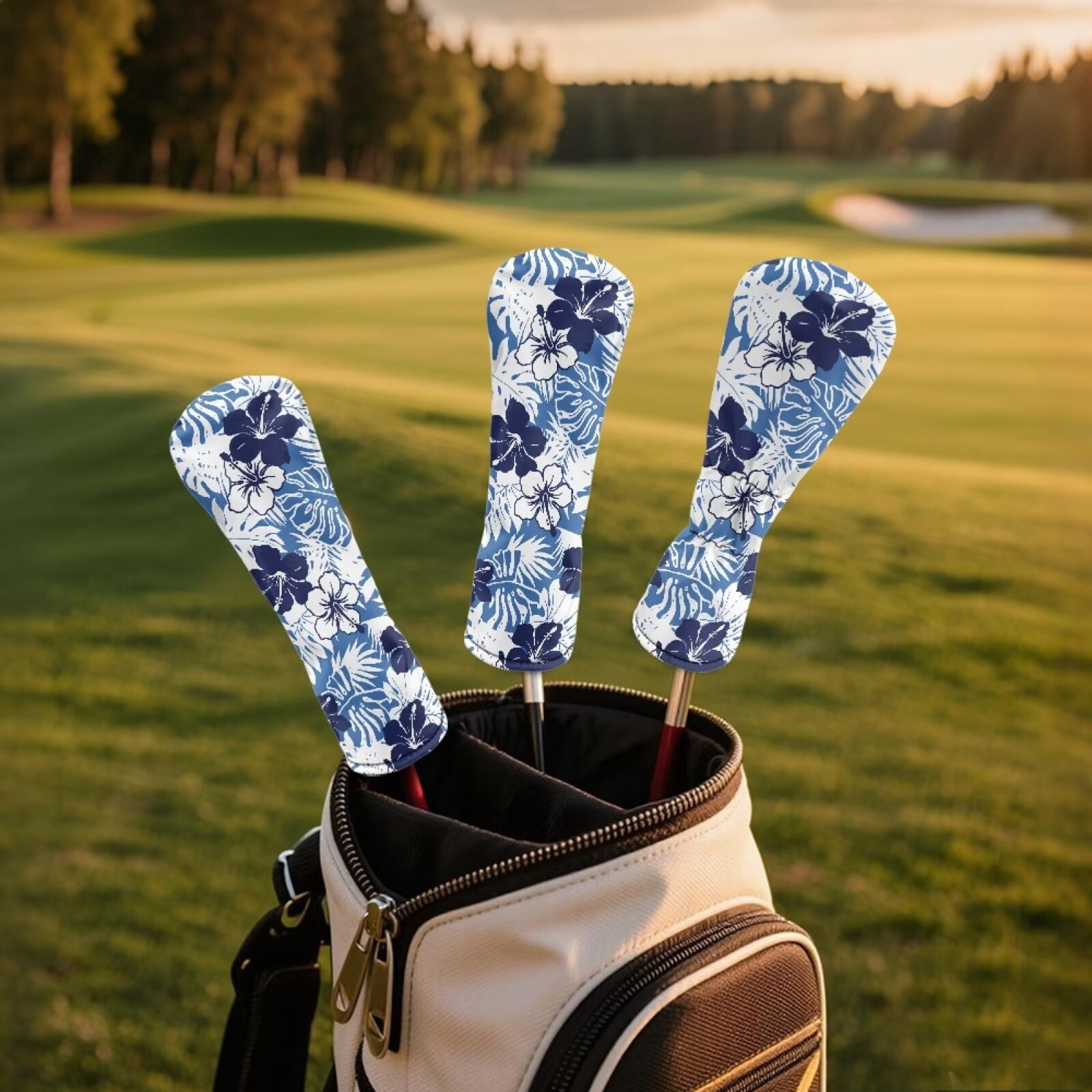 Uorisanigo Golf Club Head Covers, Waterproof Blue Hibiscus Flowers Golf Driver Fairway Wood Hybrid Headcover Head Cover Set of 3, Golfer Gift Accessory for Women Men, Stain-Resistant