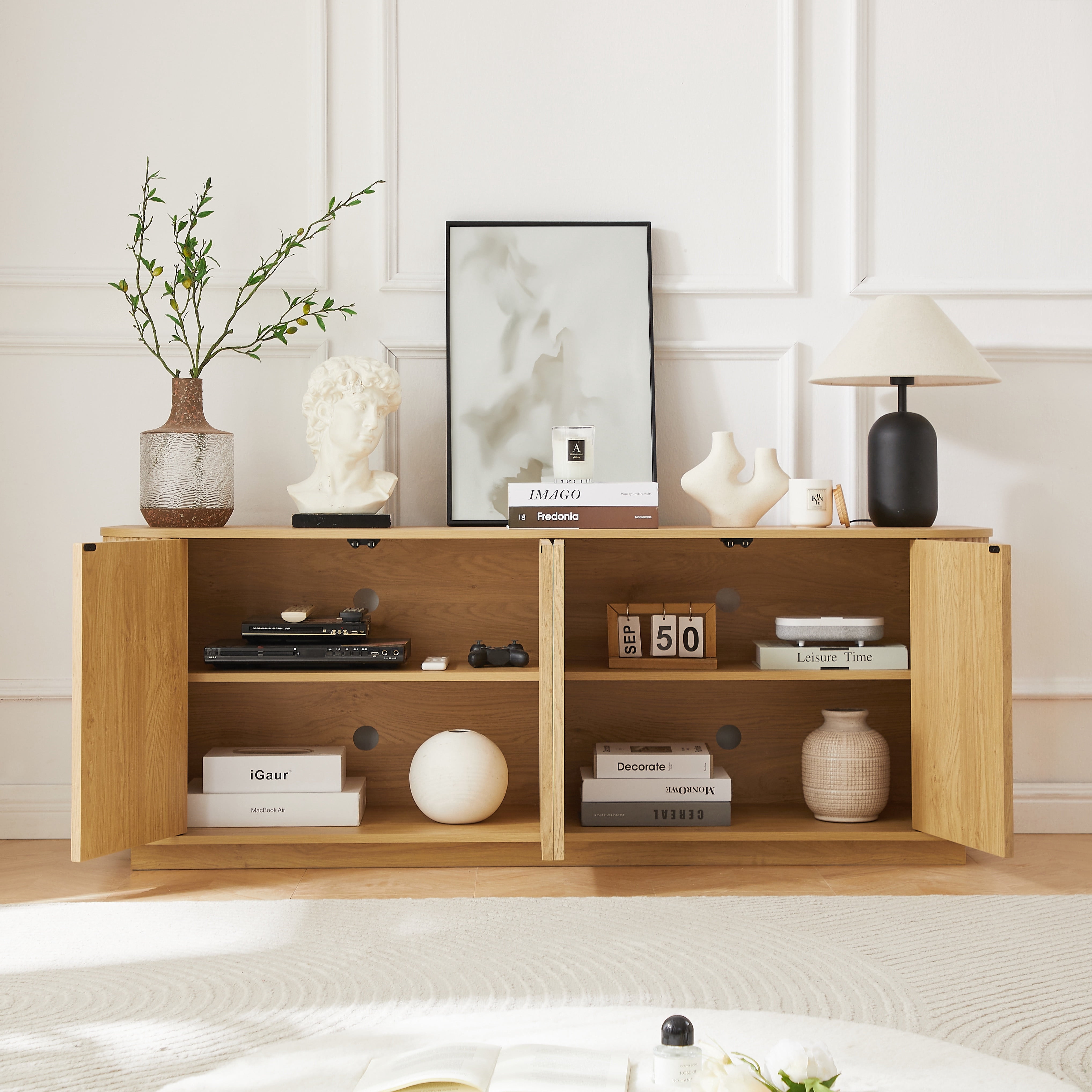 PORKISS Fluted TV Stand for 70" TV, Modern Entertainment Center with Storage, Wood Media Console Cabinet with Adjustable Shelves for Living Room, Natural