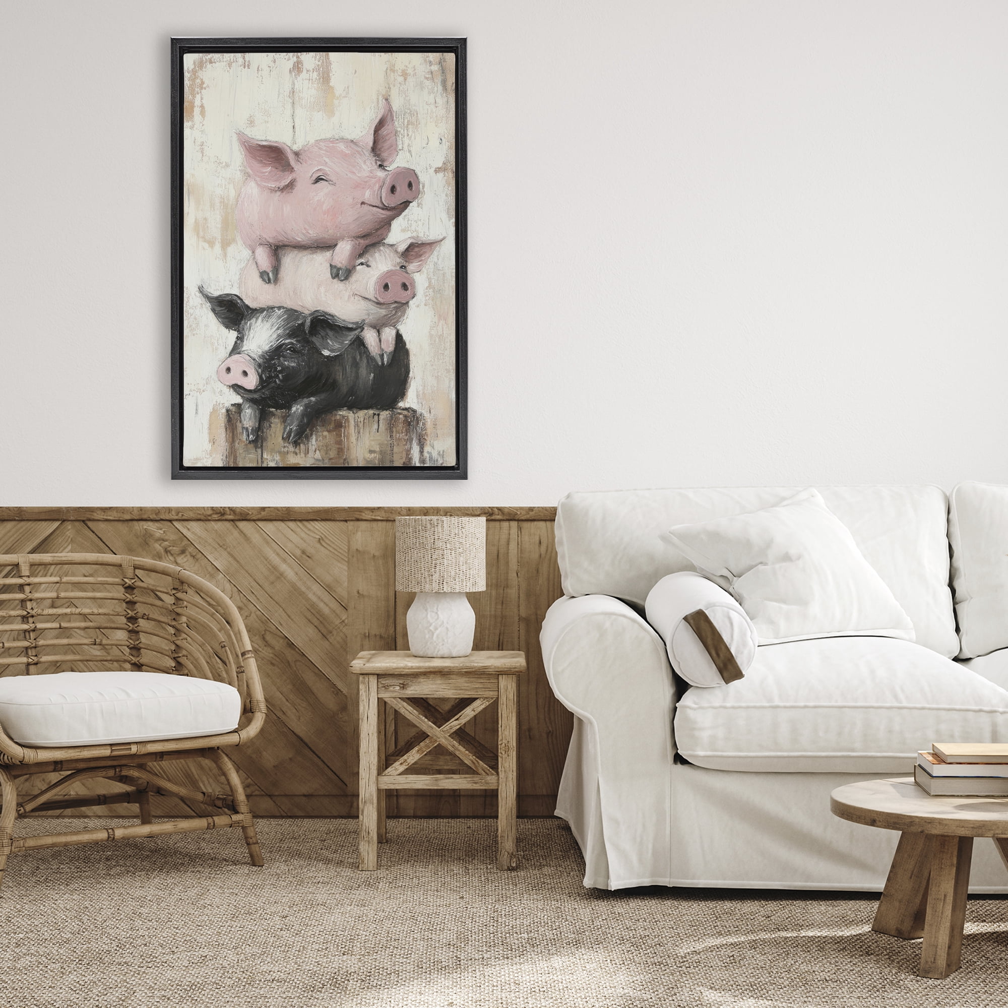 Stupell Industries Pig & Piglet Pile Black Framed Floater Canvas Wall Art, design by Tina LeCour