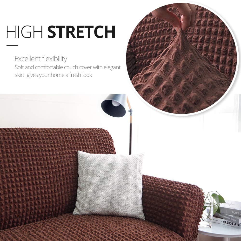NICEEC Sofa Slipcover Brown Sofa Cover 1 Piece Easy Fitted Sofa Couch Cover Universal High Stretch Durable Furniture Protector with Skirt Country Style (3 Seater Brown)