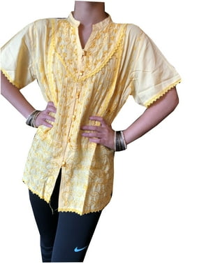 Mogul Women Boho Shirt,Yellow Blouse Embroidered Handmade Loose Bohemian Summer Cotton Tops L