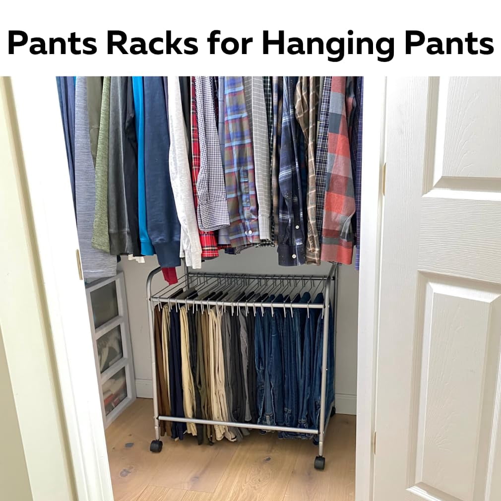 Evelots Pants Rack with 20 Pants Hangers Rolling Trolley Cart - Skirt Hangers, Jean Organizer for Closet