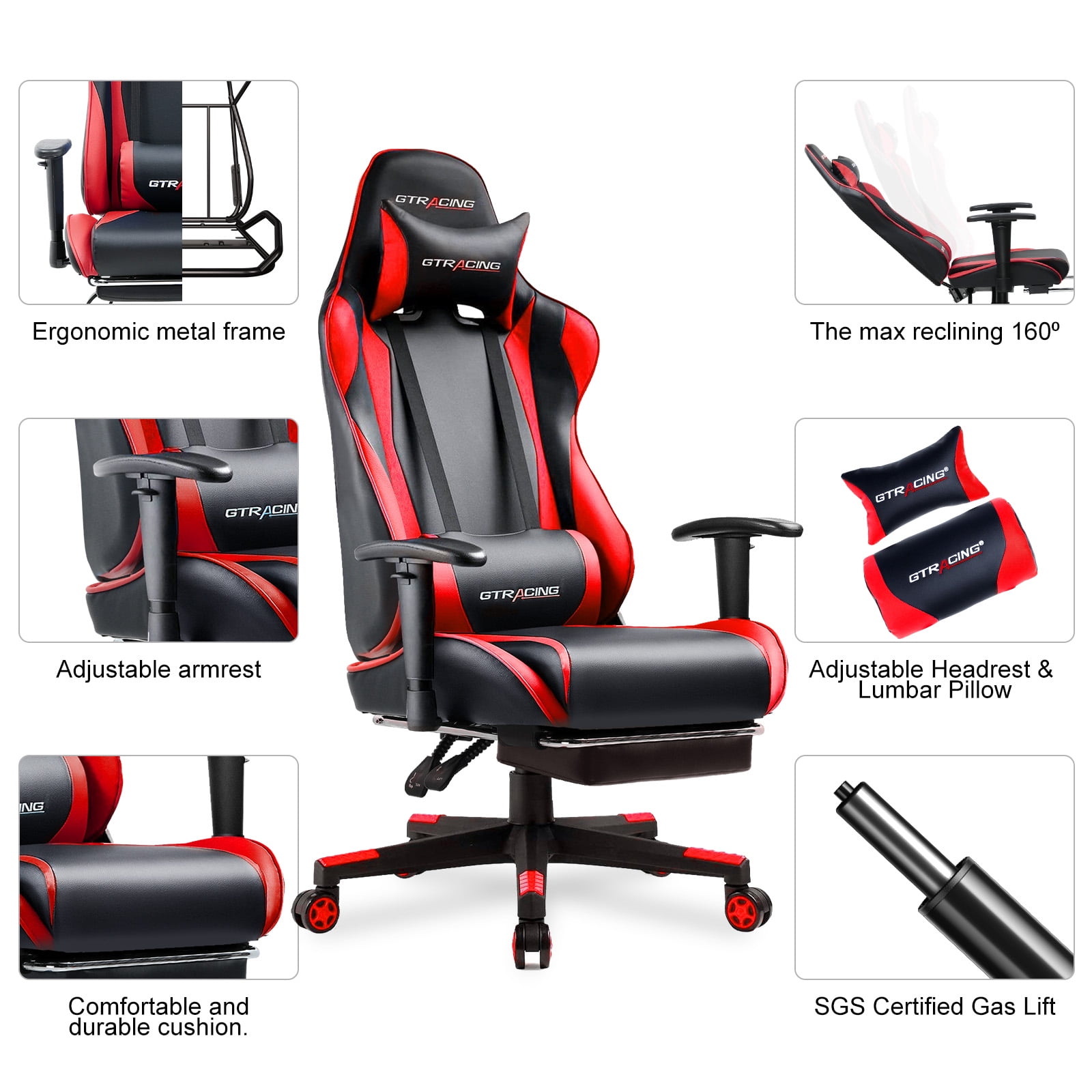 GTRACING Gaming Chair with Footrest Ergonomic Reclining Office Chair Swivel Rocker, Red