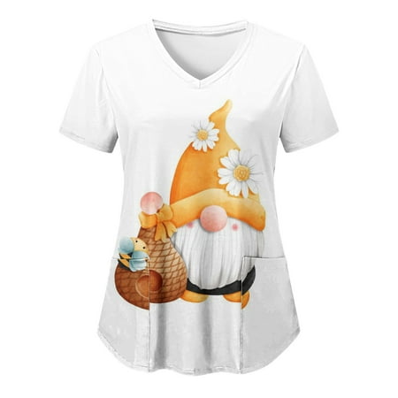 

TAIAOJING Scrubs for Women 2023 New Protective Spring Short Sleeved V Neck Printed Pocket T Top