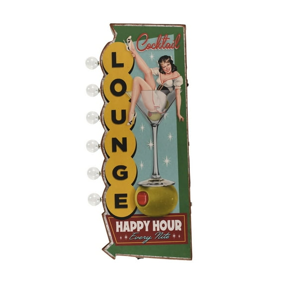Light Up Happy Hour Vintage Cocktail Lounge Metal Sign Tin Pinup LED Home Bar Wall Art Man Cave Decor