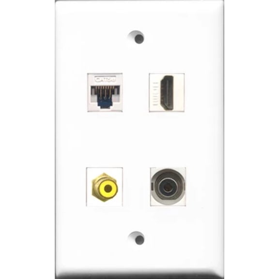 RiteAV - 1 Port HDMI and 1 Port RCA Yellow and 1 Port 3.5mm and 1 Port Cat5e Ethernet White Wall Plate