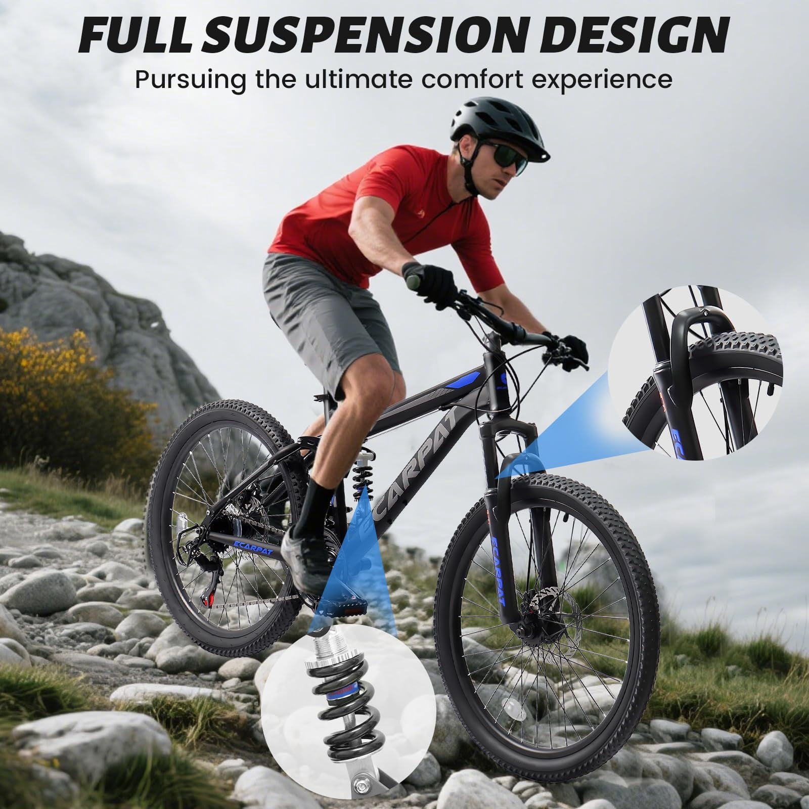 HappyToysWorld 24 Inch Mountain Bike with Dual Full Suspension & 21 Speeds, Front and Rear Disc Brakes, High-Tensile Steel Frame for Men and Women, Outdoor Riding