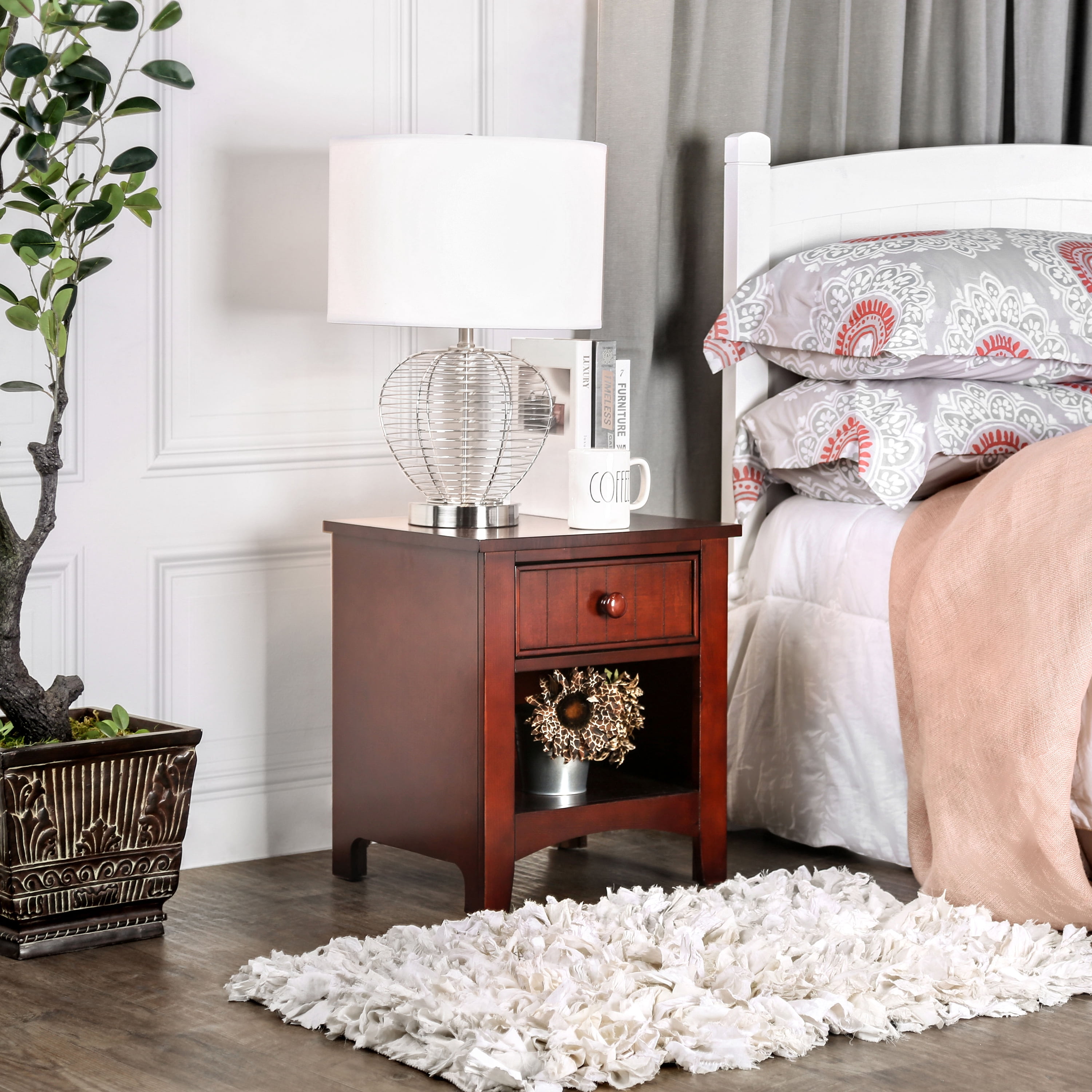 Furniture of America Geniet Nightstand with 1-Drawer, Cherry