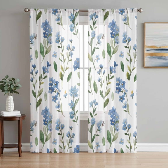 Blue Flowers Sheer Curtains 84 Inch Length 2 Panels Set, Spring Floral Farmhouse Leaves Rustic Voile Window Treatment Rod Pocket Curtains Sheers Drapes for Bedroom/Living Room/Kitchen 52"x84"x2