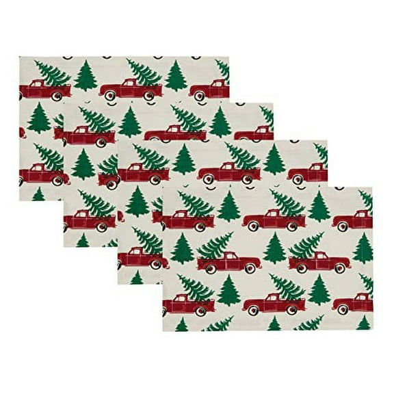Fennco Styles Holiday Tree & Red Truck Christmas Cotton Placemats 14" W x 20" L, Set of 4 – Multicolor Festive Table Mats for Winter Festivals, Home Décor, Banquets, Family Gatherings, Special Events