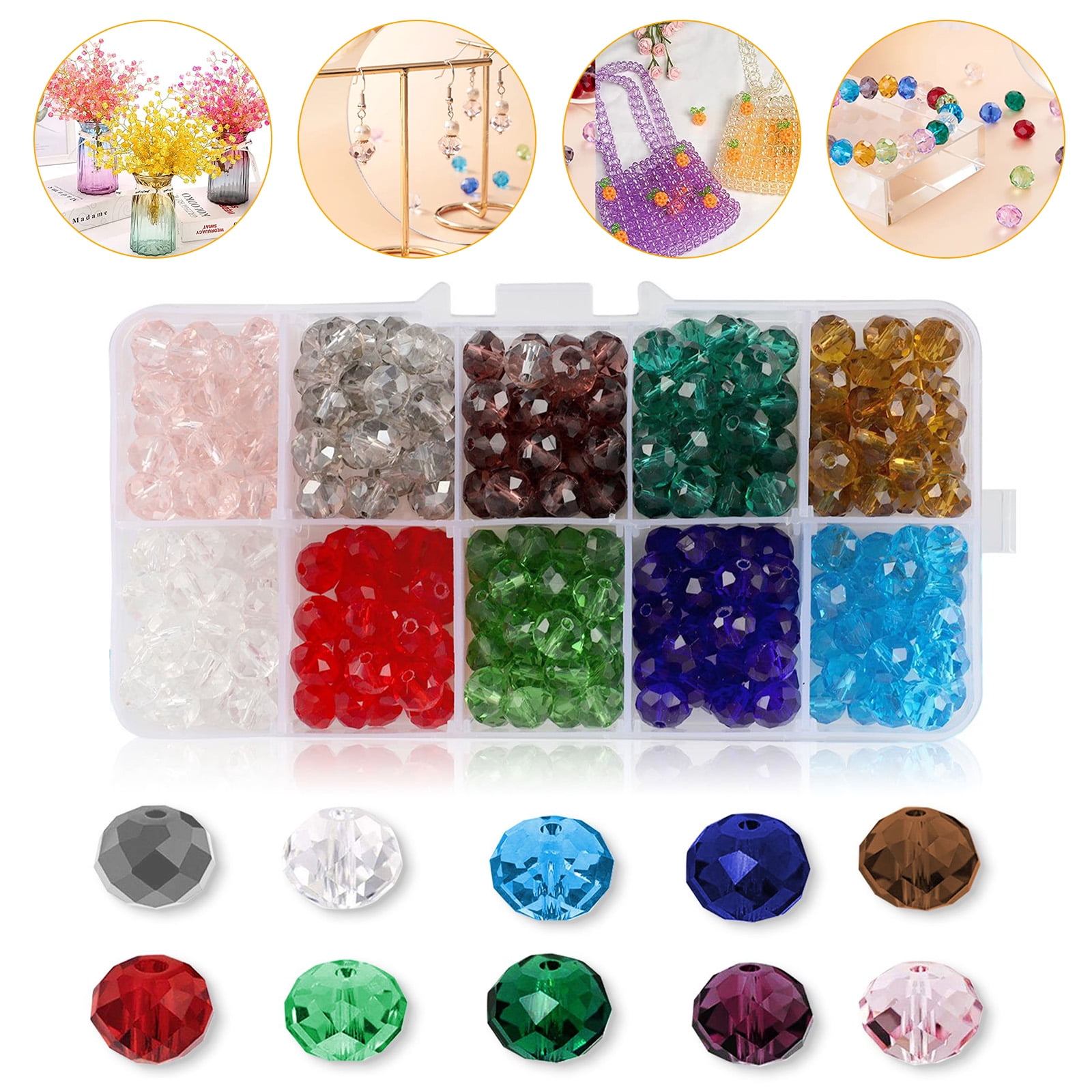 300pcs Crystal Glass Beads, TSV 8mm DIY Bicone Glass Bead Kit with Box, Crystal Gemstone for Jewelry Crafts Making Bracelets Necklaces, 10 Color 48 Faceted