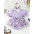 thumbnail image 3 of Bslissey Baby Girls Romper Dress Frill Trim Short Puff Sleeve Flower Mesh Print Bodysuit with Headband Infant Toddler Cute A-line Dress Princess Clothes 0-24 Months, 3 of 9