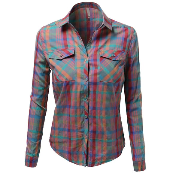 FashionOutfit Women's Long Sleeve Checkered Button Down Plaid Shirt Top Blouses