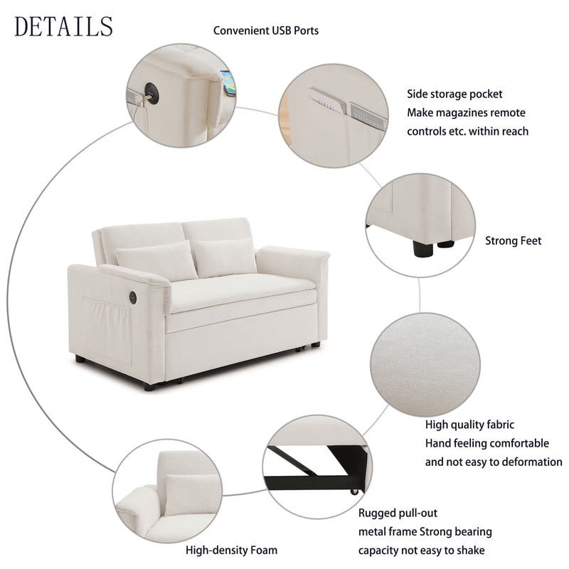 3-in-1 Convertible Velvet Pull Out Sofa Bed, Loveseat Chaise Sleeper Sofa with Adjustable Backrest, USB Ports & Side Pockets