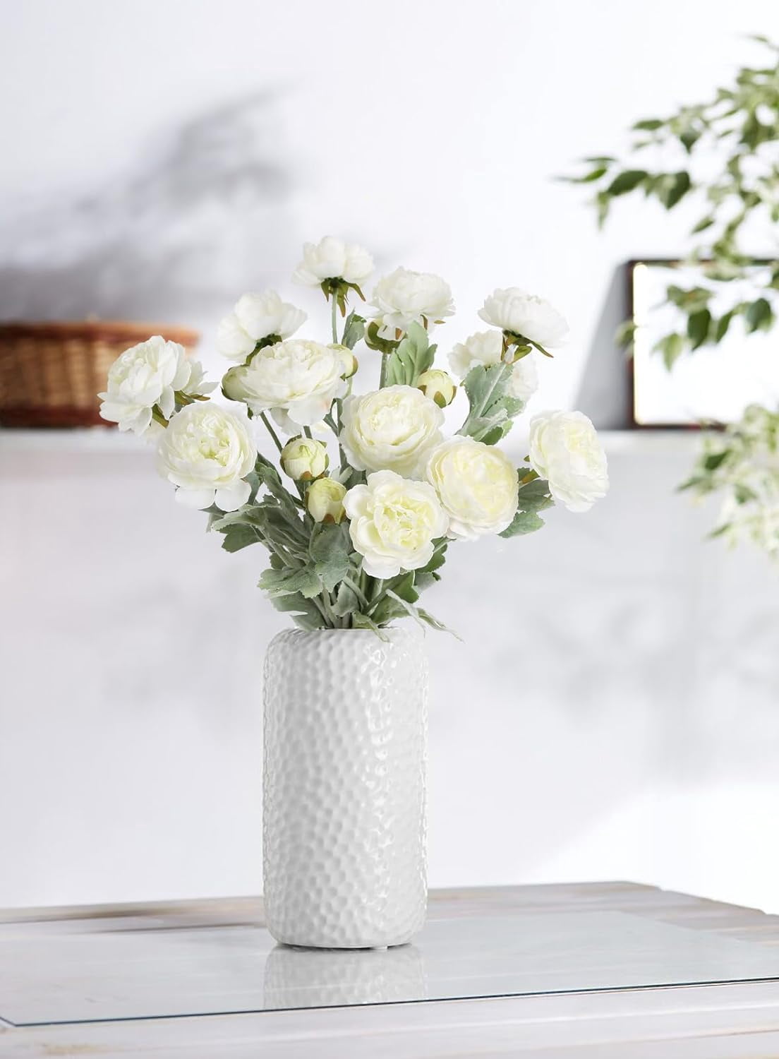 White Peonies White Artificial Ranunculus Flowers8Heads Faux Peonies .7" White Fake Flowers for Floral Arrangements Wedding Decorations for Home Decor Indoor (White)